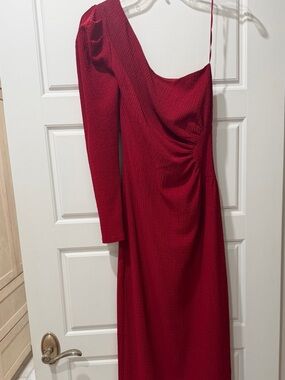 Red One-Shoulder Long Sleeve Midi Dress